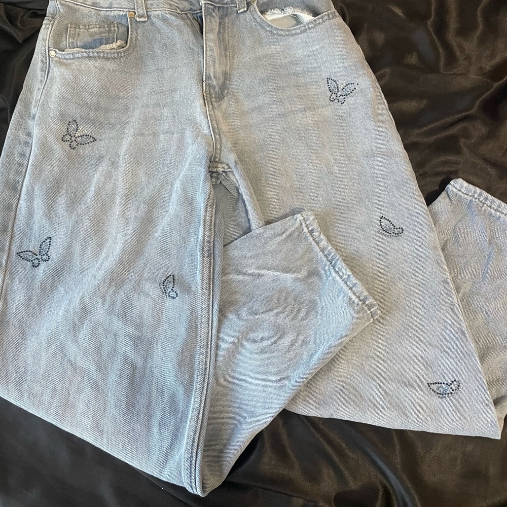 Butterfly rhinestone straight leg jeans